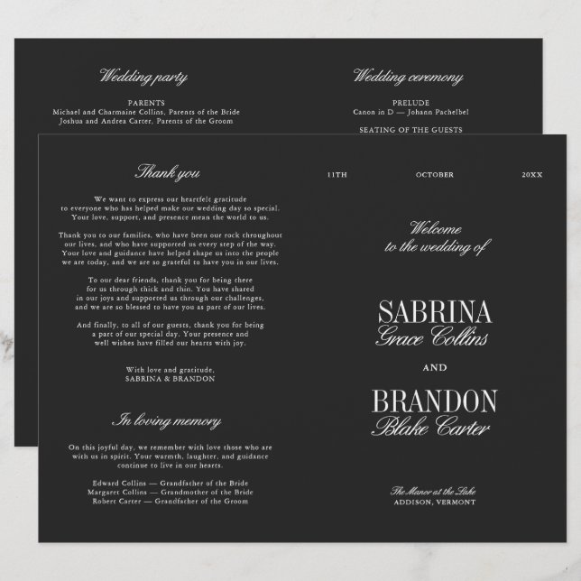 Classic Black & White Modern Wedding Program (Front/Back)