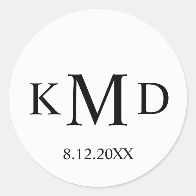 Classic Black White Monogram Bride Groom Wedding Classic Round Sticker (Front)