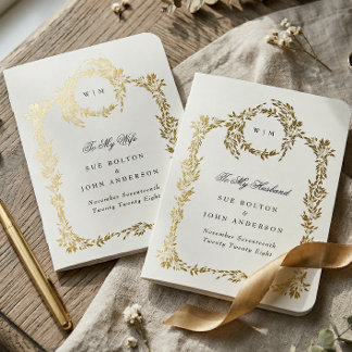 Classic Black White Monogram His Hers Gold Wreath Foil Vow Books