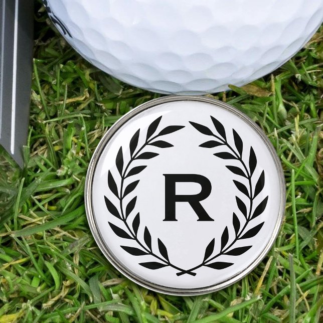 Classic Black White Monogram Laurel Wreath Custom Golf Ball Marker (Creator Uploaded)