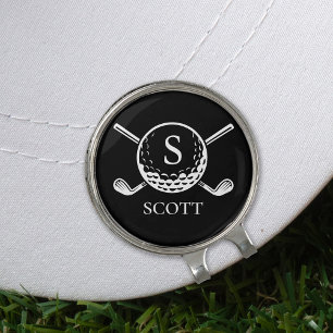 Classic Black White Monogram Name Golf Clubs Hat Clip