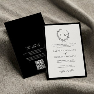 Classic Black White Monogram QR Code Wedding  Invitation