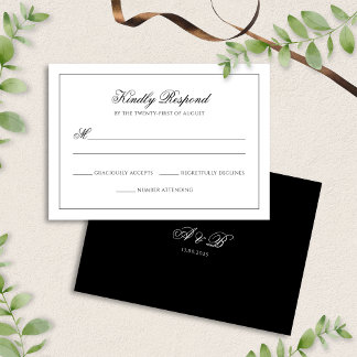Classic Black & White Monogram Script Wedding RSVP Card