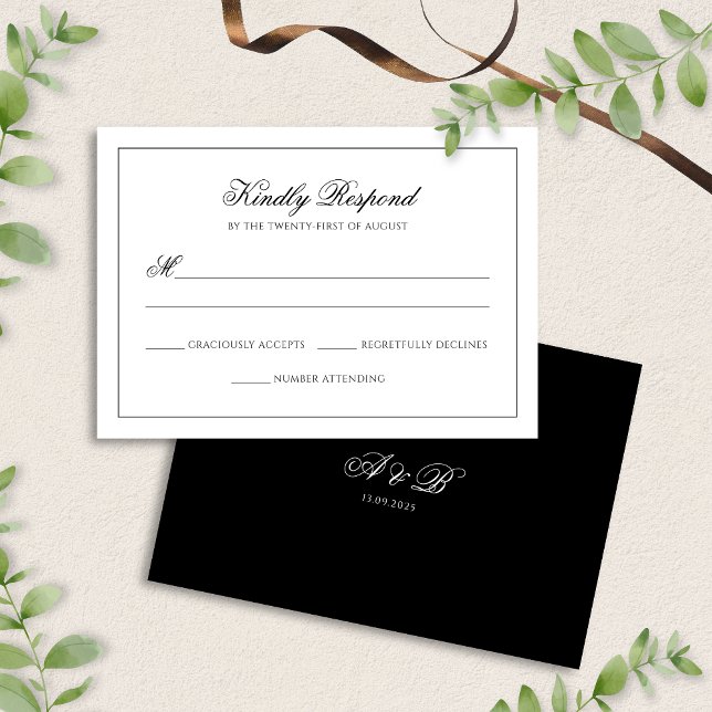 Classic Black & White Monogram Script Wedding RSVP Card (Creator Uploaded)