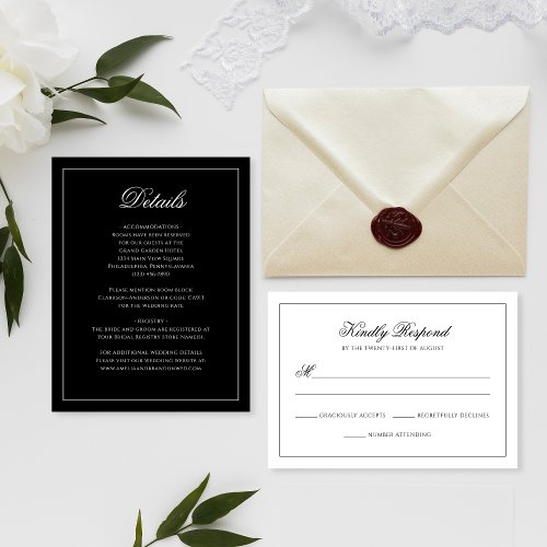 Classic Black  White Monogram Script Wedding RSVP Card