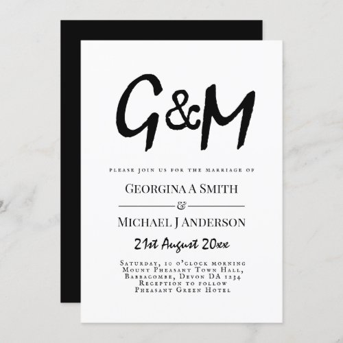 Classic Black White Monogram Typography Wedding Invitation