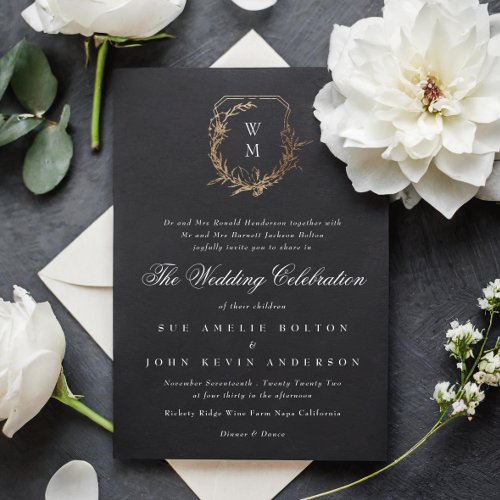 classic black white monogram wedding gold crest invitation
