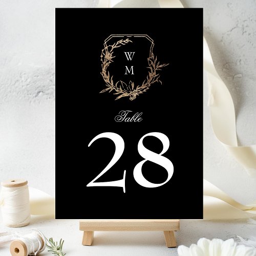 classic black white monogram wedding gold crest table number