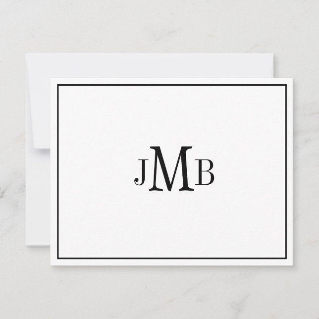 Classic Black & White Monogrammed flat Thank You Card (Front)
