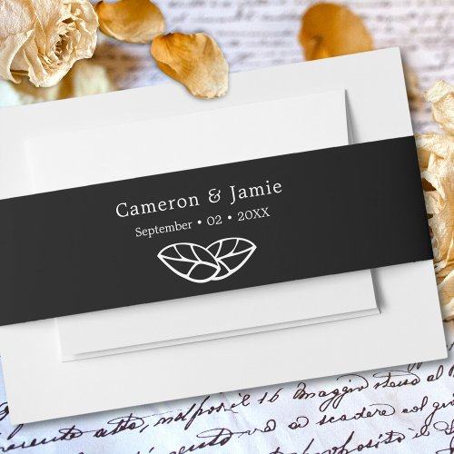Classic Black White Names Date Twin Leaves Invitation Belly Band