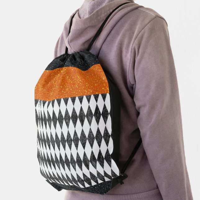 Classic Black White Orange Harlequin Diamond Drawstring Bag (Insitu)