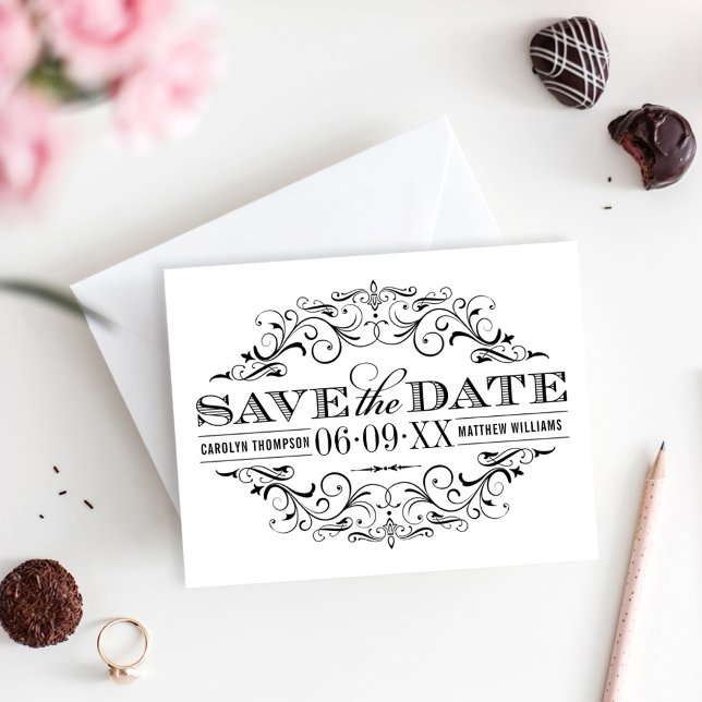Classic Black White Ornate Scrollwork Wedding Save The Date (Creator Uploaded)