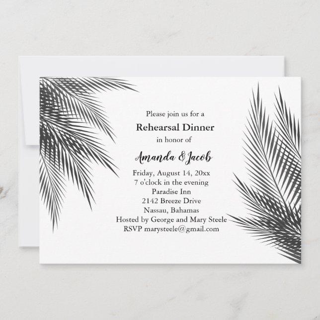 Classic Black & White Palm Leaves Rehearsal Dinner Invitation (Front)