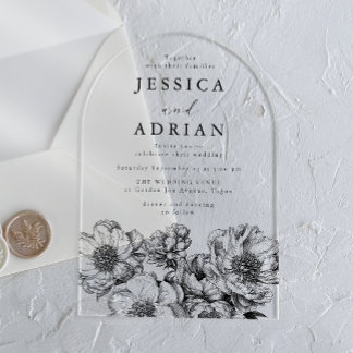 Classic Black & White Peony Line Art Wedding Acrylic Invitations