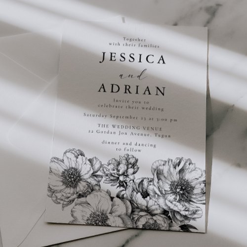 Classic Black & White Peony Line Art Wedding Invitation