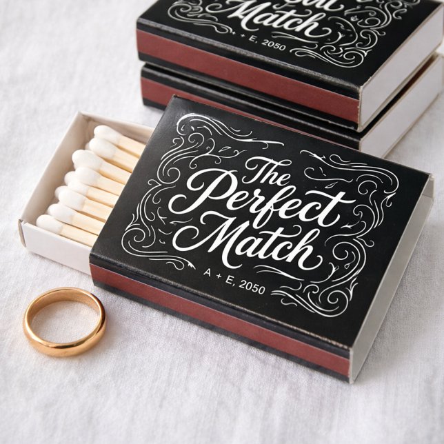 Classic Black White Perfect Match Guest Favor (Elegant wedding favor matchbox with romantic design, perfect keepsake for guests to cherish. always!)