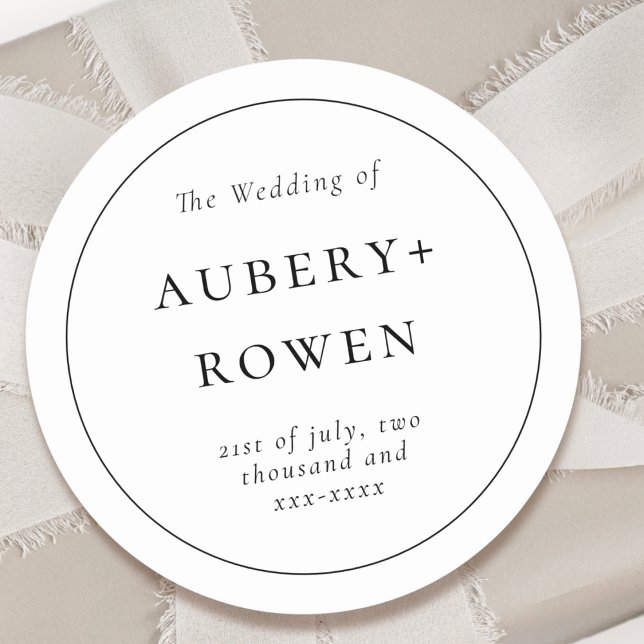 Classic Black White Personalized Names Wedding Classic Round Sticker (Creator Uploaded)