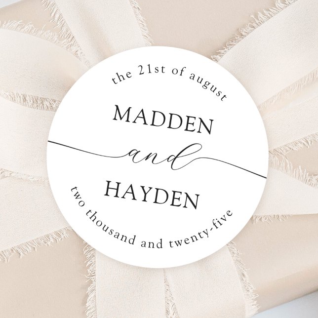 Classic Black White Personalized Names Wedding Round Sticker (Creator Uploaded)