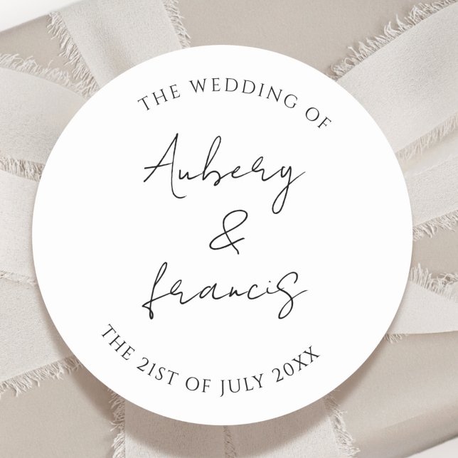 Classic Black White Personalized Names Wedding Round Sticker (Creator Uploaded)