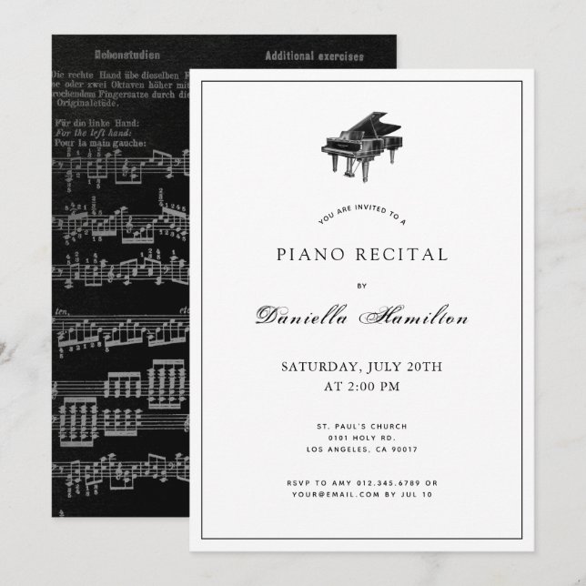Classic Black & White Piano Recital Invitation (Front/Back)