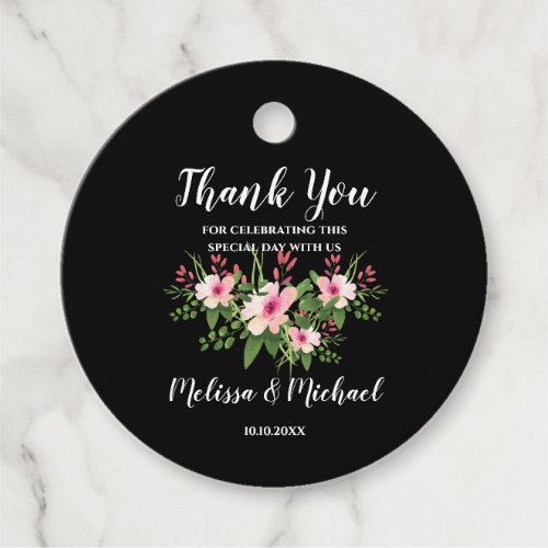 Classic Black White Pink Floral Wedding Thank You Favor Tags