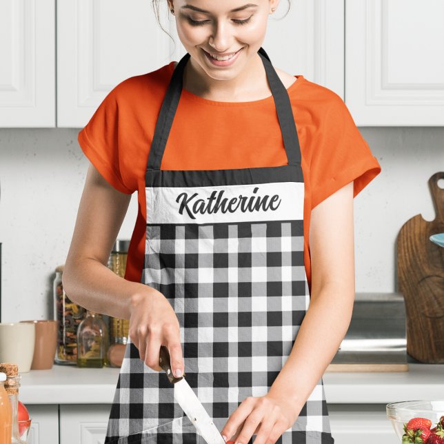 Classic Black White Plaid Baking Name Christmas  Apron (Creator Uploaded)