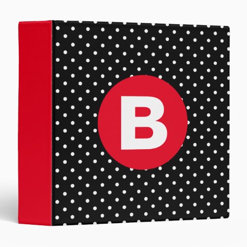 Classic Black  White Polka Dot with Red Monogram 3 Ring Binder