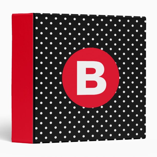 Classic Black & White Polka Dot with Red Monogram 3 Ring Binder (Front/Spine)