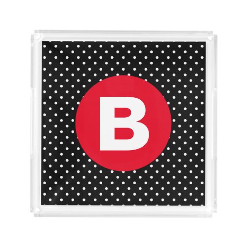 Classic Black  White Polka Dot with Red Monogram Acrylic Tray