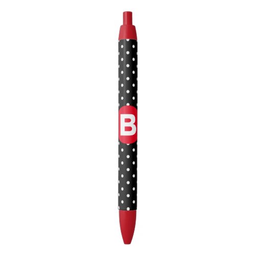 Classic Black  White Polka Dot with Red Monogram Black Ink Pen