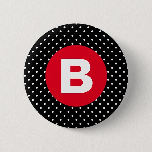 Classic Black & White Polka Dot with Red Monogram Button (Front)