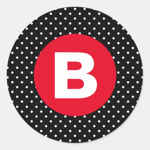 Classic Black  White Polka Dot with Red Monogram Classic Round Sticker