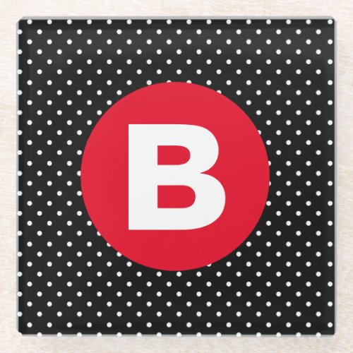 Classic Black  White Polka Dot with Red Monogram Glass Coaster