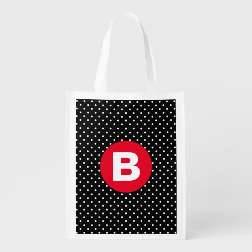 Classic Black  White Polka Dot with Red Monogram Grocery Bag