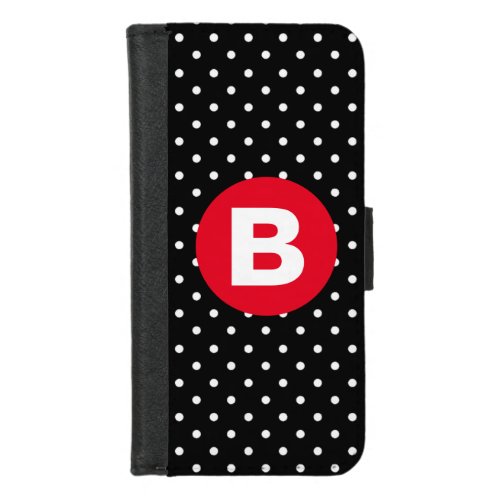 Classic Black  White Polka Dot with Red Monogram iPhone 87 Wallet Case