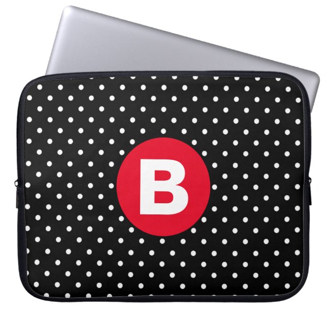 Classic Black & White Polka Dot with Red Monogram Laptop Sleeve (Front)