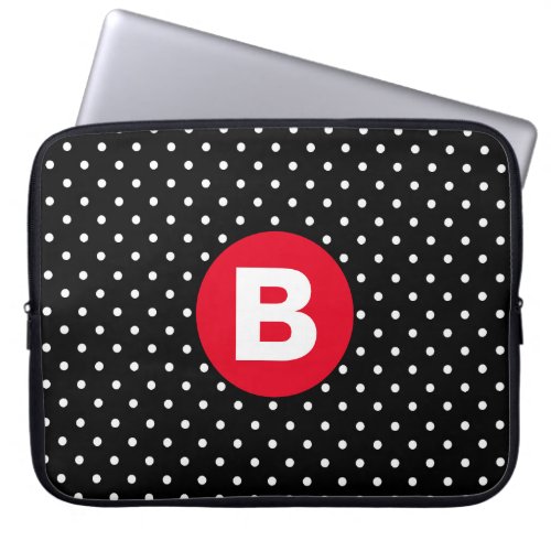 Classic Black  White Polka Dot with Red Monogram Laptop Sleeve