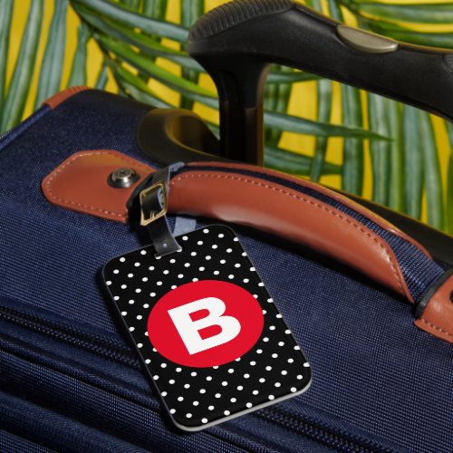 Classic Black  White Polka Dot with Red Monogram Luggage Tag