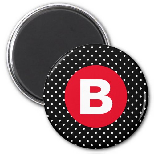 Classic Black  White Polka Dot with Red Monogram Magnet