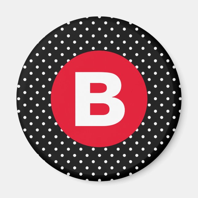 Classic Black & White Polka Dot with Red Monogram Magnet (Front)