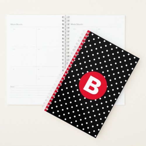 Classic Black  White Polka Dot with Red Monogram Planner