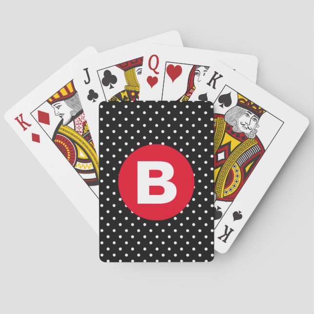Classic Black & White Polka Dot with Red Monogram Poker Cards (Back)