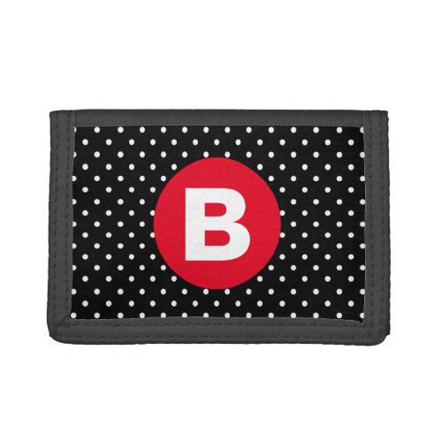 Classic Black  White Polka Dot with Red Monogram Trifold Wallet