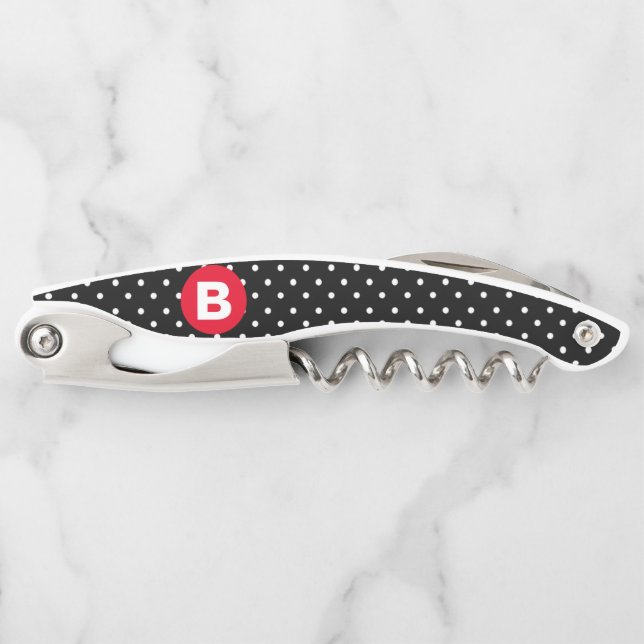 Classic Black & White Polka Dot with Red Monogram Waiter's Corkscrew (Front)