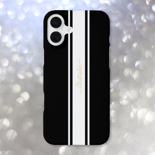 Classic Black White Racing Stripes Gold Monogram iPhone 16 Plus Case