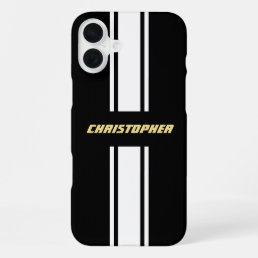 Classic Black White Racing Stripes Gold Monogram iPhone 16 Plus Case