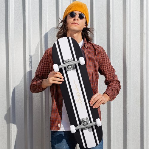 Classic Black White Racing Stripes Gold Monogram Skateboard