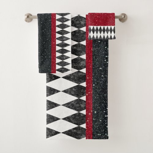 Classic Black White Red Harlequin Diamond Argyle Bath Towel Set