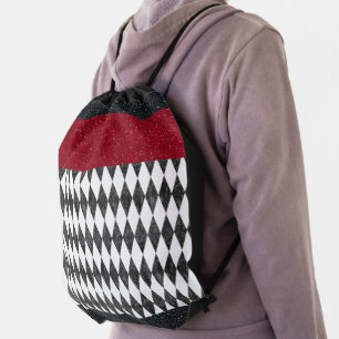 Classic Black White Red Harlequin Diamond Argyle Drawstring Bag