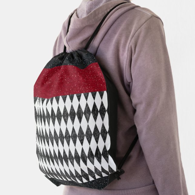 Classic Black White Red Harlequin Diamond Argyle Drawstring Bag (Insitu)